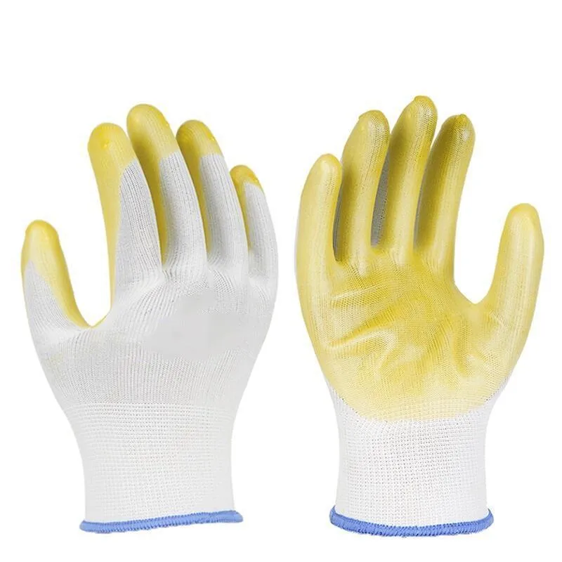 12 Pairs Of Polyethylene Dipping Adhesive Free Size Yellow Safety Gloves Palm Coated Gloves Construction Protective Gloves