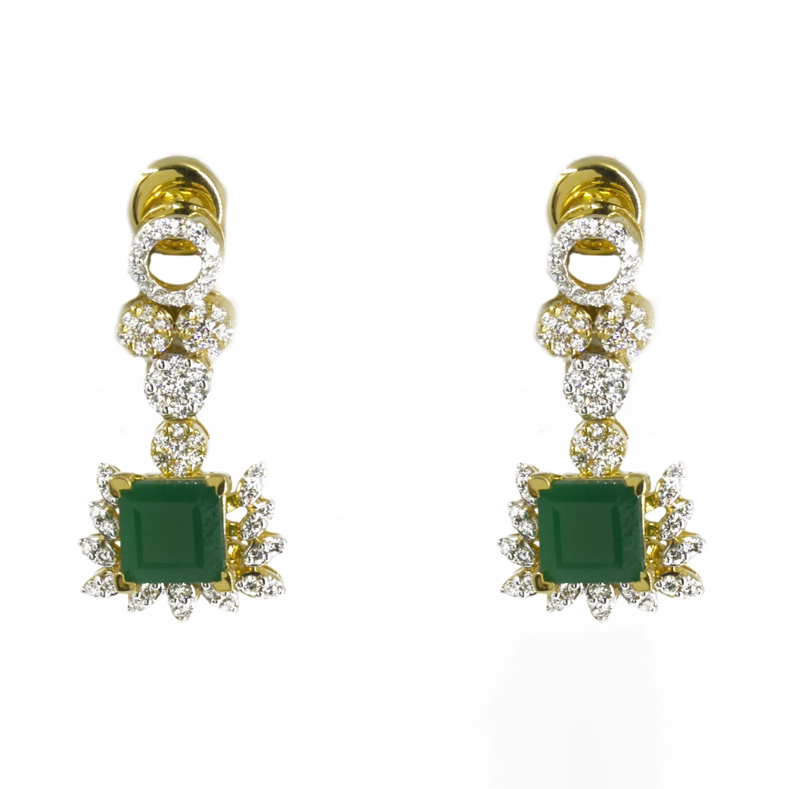 18K Multi Tone Gold Diamond Earring & Necklace Set W/ VVS Diamonds & Emeralds on Square Pendant