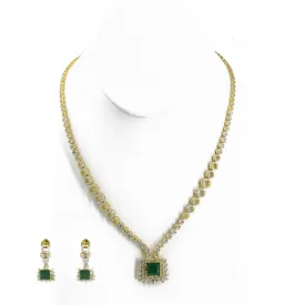 18K Multi Tone Gold Diamond Earring & Necklace Set W/ VVS Diamonds & Emeralds on Square Pendant