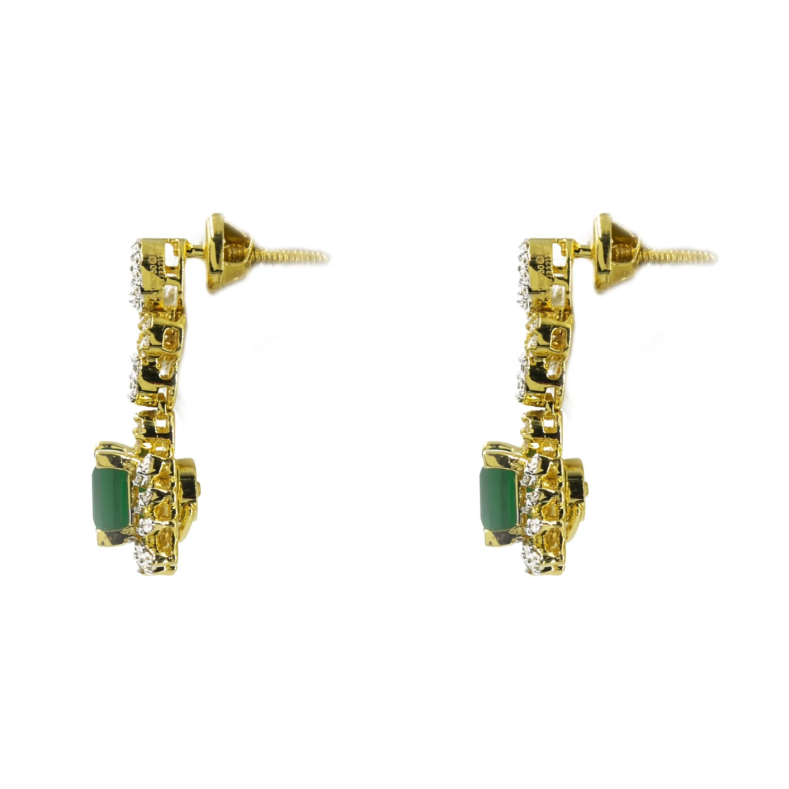 18K Multi Tone Gold Diamond Earring & Necklace Set W/ VVS Diamonds & Emeralds on Square Pendant