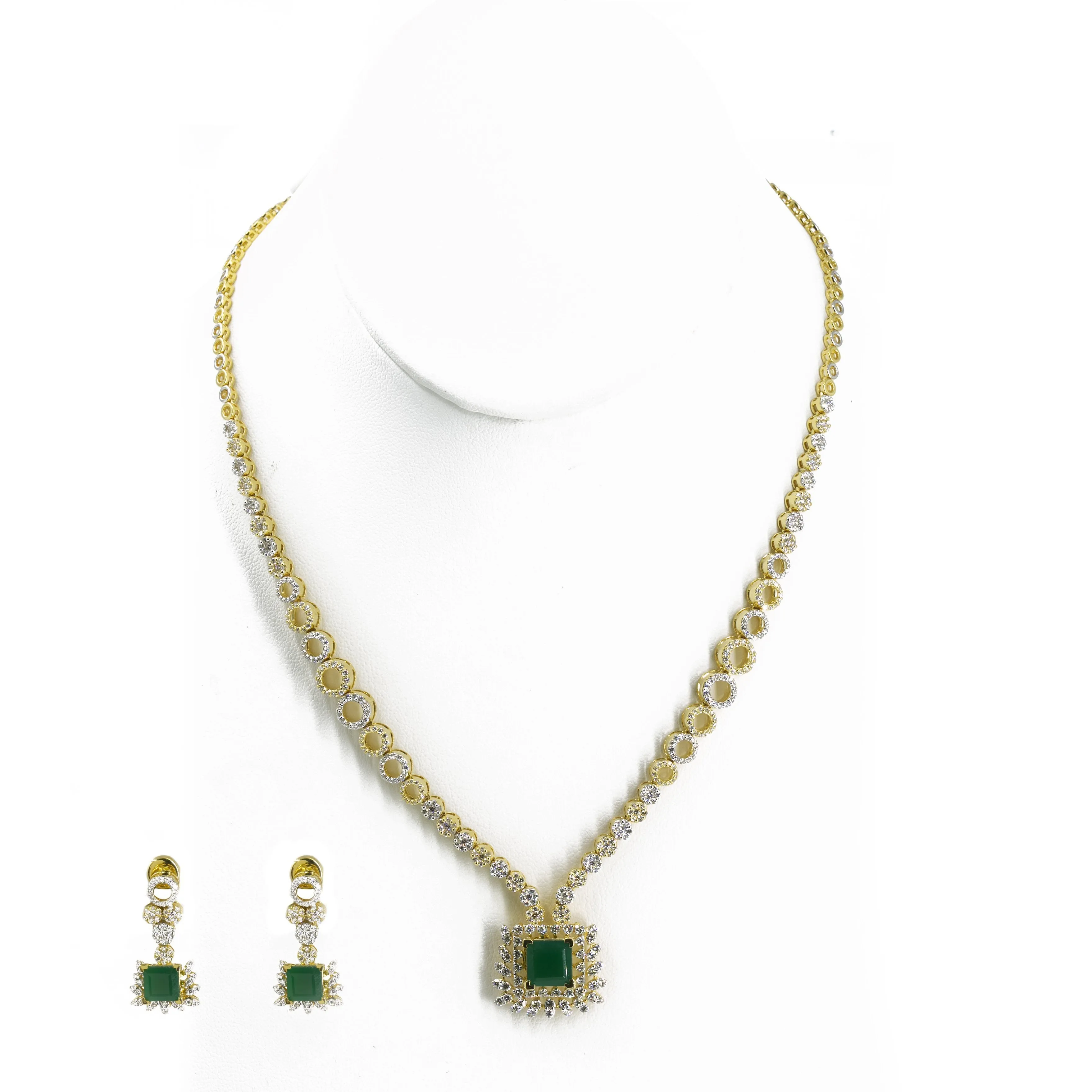 18K Multi Tone Gold Diamond Earring & Necklace Set W/ VVS Diamonds & Emeralds on Square Pendant