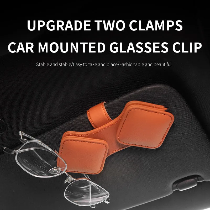 2 Pcs Brown Car Sun Visor Glasses Holder Clip with Dual Magnetic Clamps | PU Leather | Anti-Slip | Multi-Functional Storage