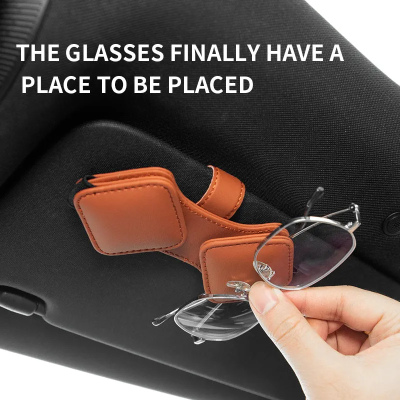 2 Pcs Brown Car Sun Visor Glasses Holder Clip with Dual Magnetic Clamps | PU Leather | Anti-Slip | Multi-Functional Storage