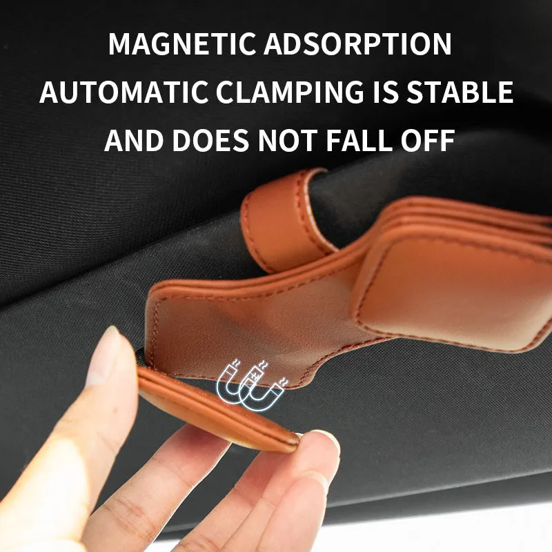 2 Pcs Brown Car Sun Visor Glasses Holder Clip with Dual Magnetic Clamps | PU Leather | Anti-Slip | Multi-Functional Storage