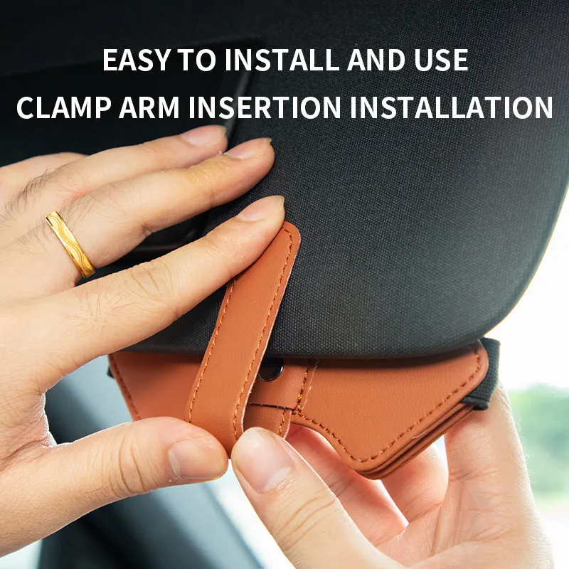 2 Pcs Brown Car Sun Visor Glasses Holder Clip with Dual Magnetic Clamps | PU Leather | Anti-Slip | Multi-Functional Storage
