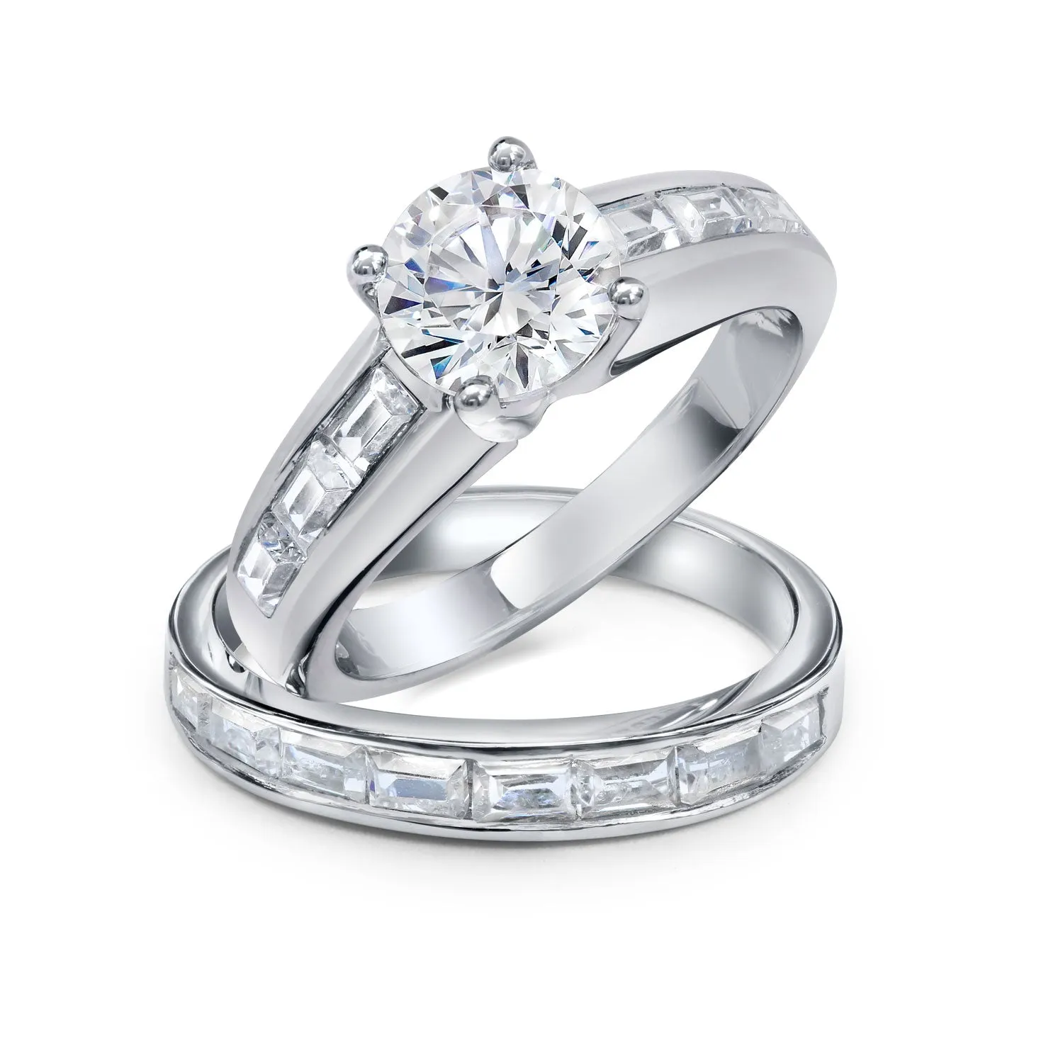 2CT Art Deco Solitaire AAA CZ Round Engagement Wedding Band Ring Set