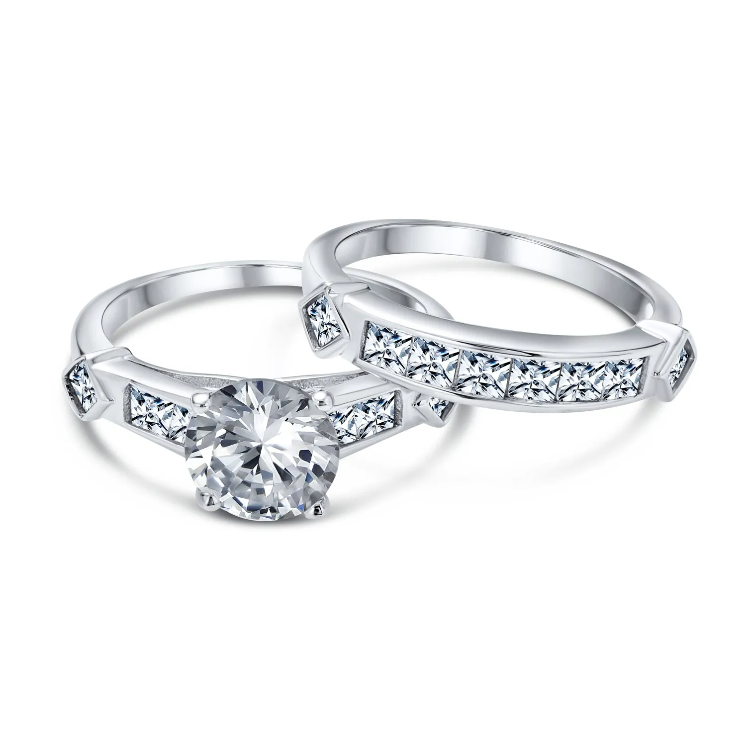 2CT Art Deco Solitaire AAA CZ Round Engagement Wedding Band Ring Set