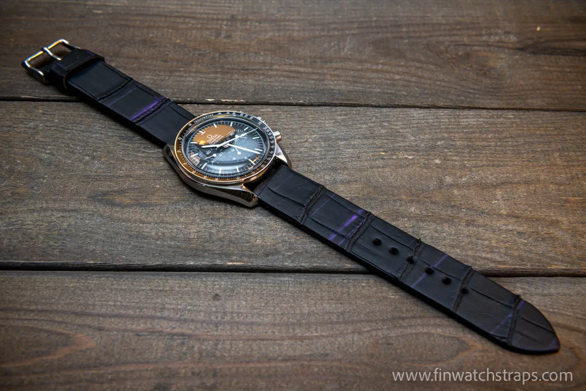Alligator watch strap, French Croco, Black matte color, handmade in Finland, 10-26 mm. Limited edition.