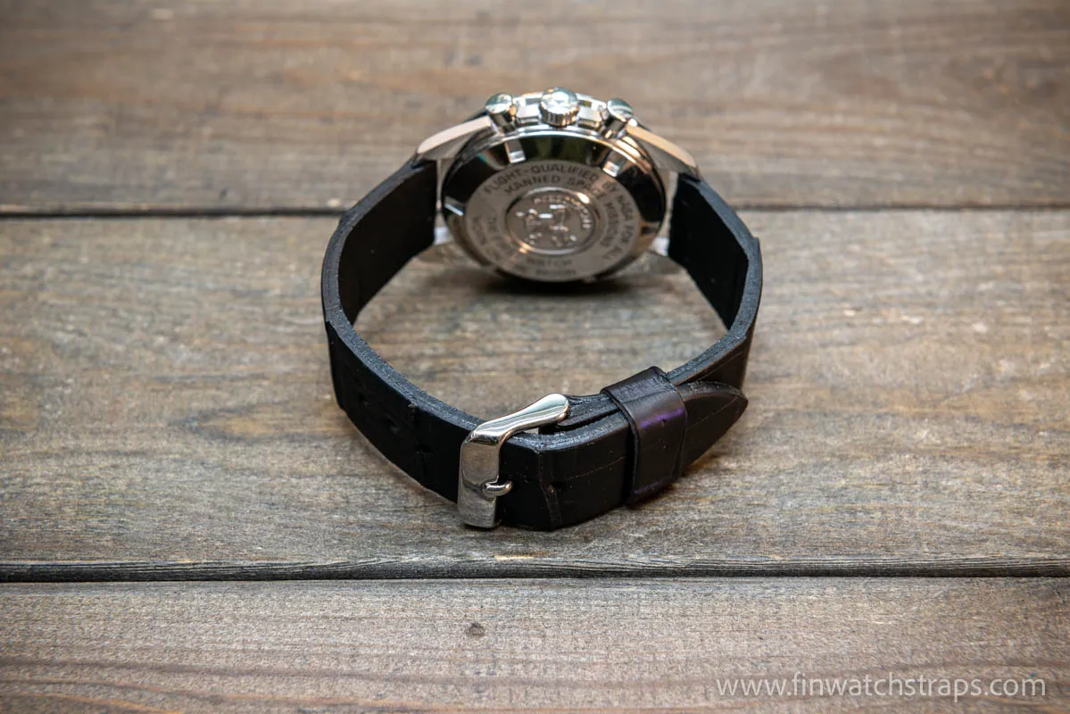 Alligator watch strap, French Croco, Black matte color, handmade in Finland, 10-26 mm. Limited edition.