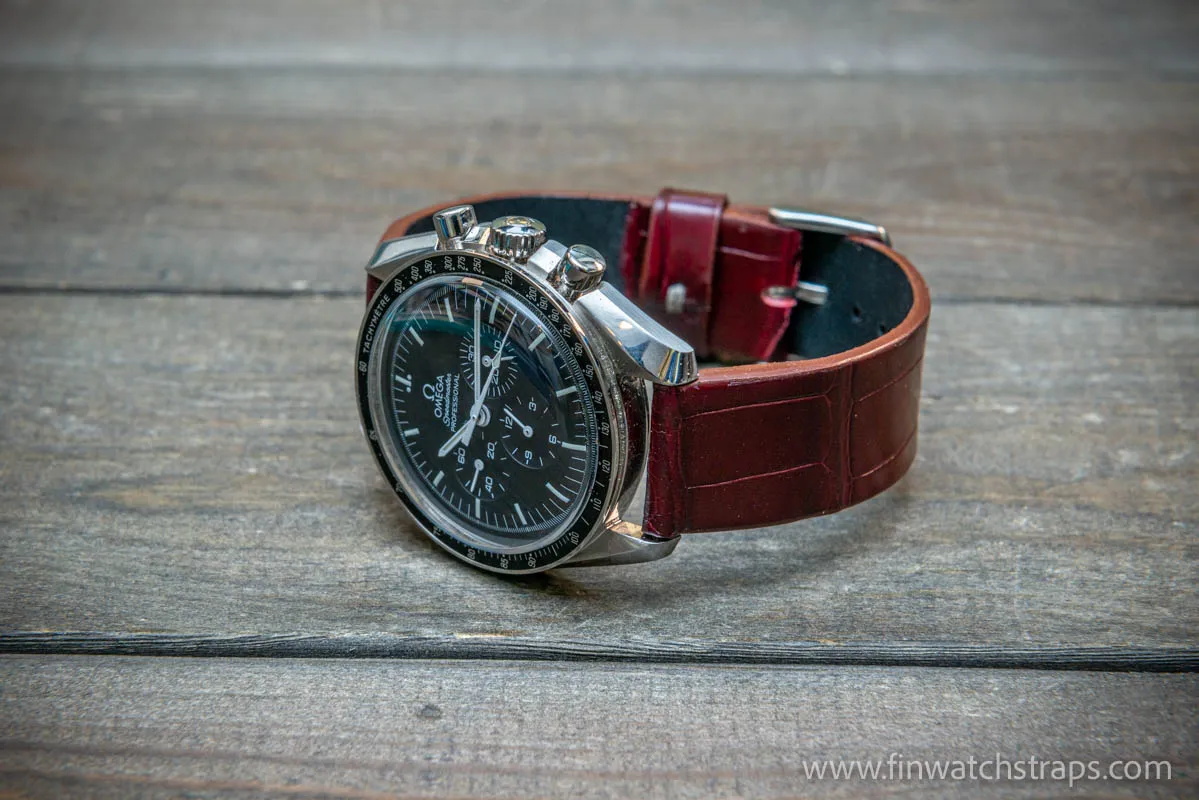 Alligator watch strap, French Croco, Burgundy, handmade in Finland, 10-26 mm.