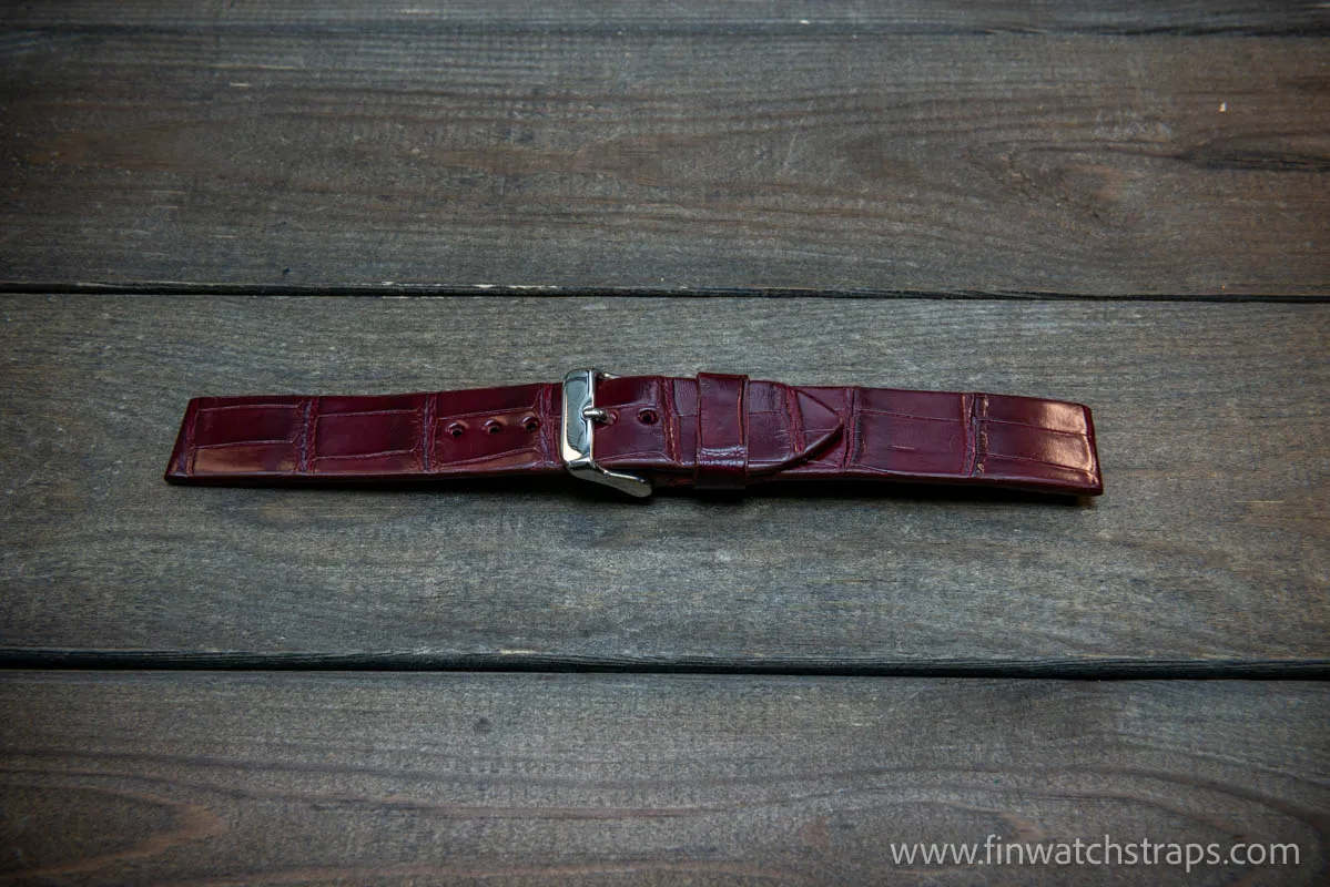 Alligator watch strap, French Croco, Burgundy, handmade in Finland, 10-26 mm.