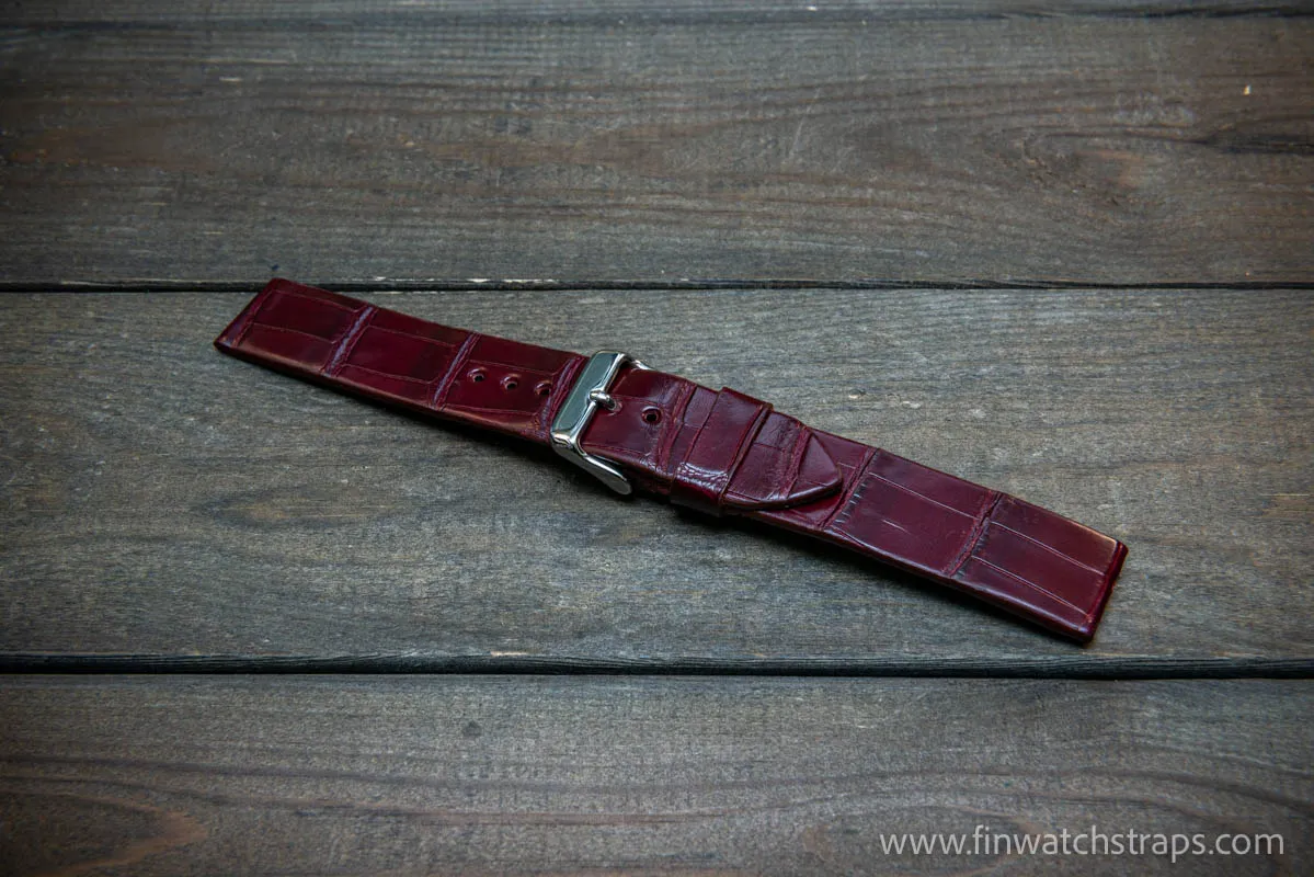 Alligator watch strap, French Croco, Burgundy, handmade in Finland, 10-26 mm.