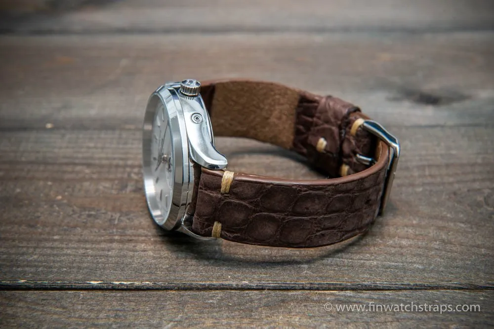 Alligator watch strap vintage brown matte, handmade in Finland