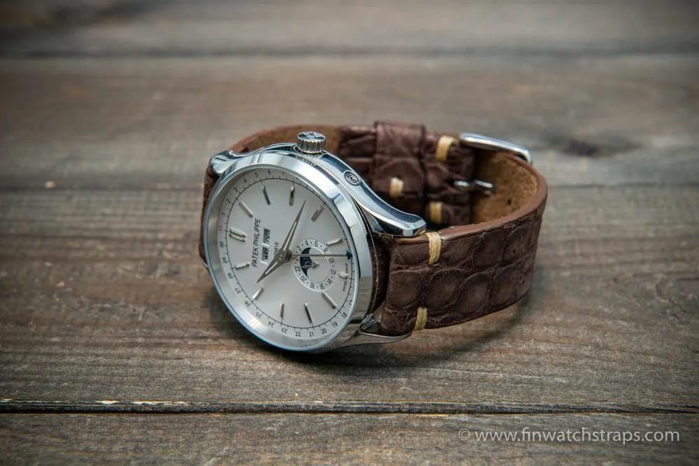 Alligator watch strap vintage brown matte, handmade in Finland
