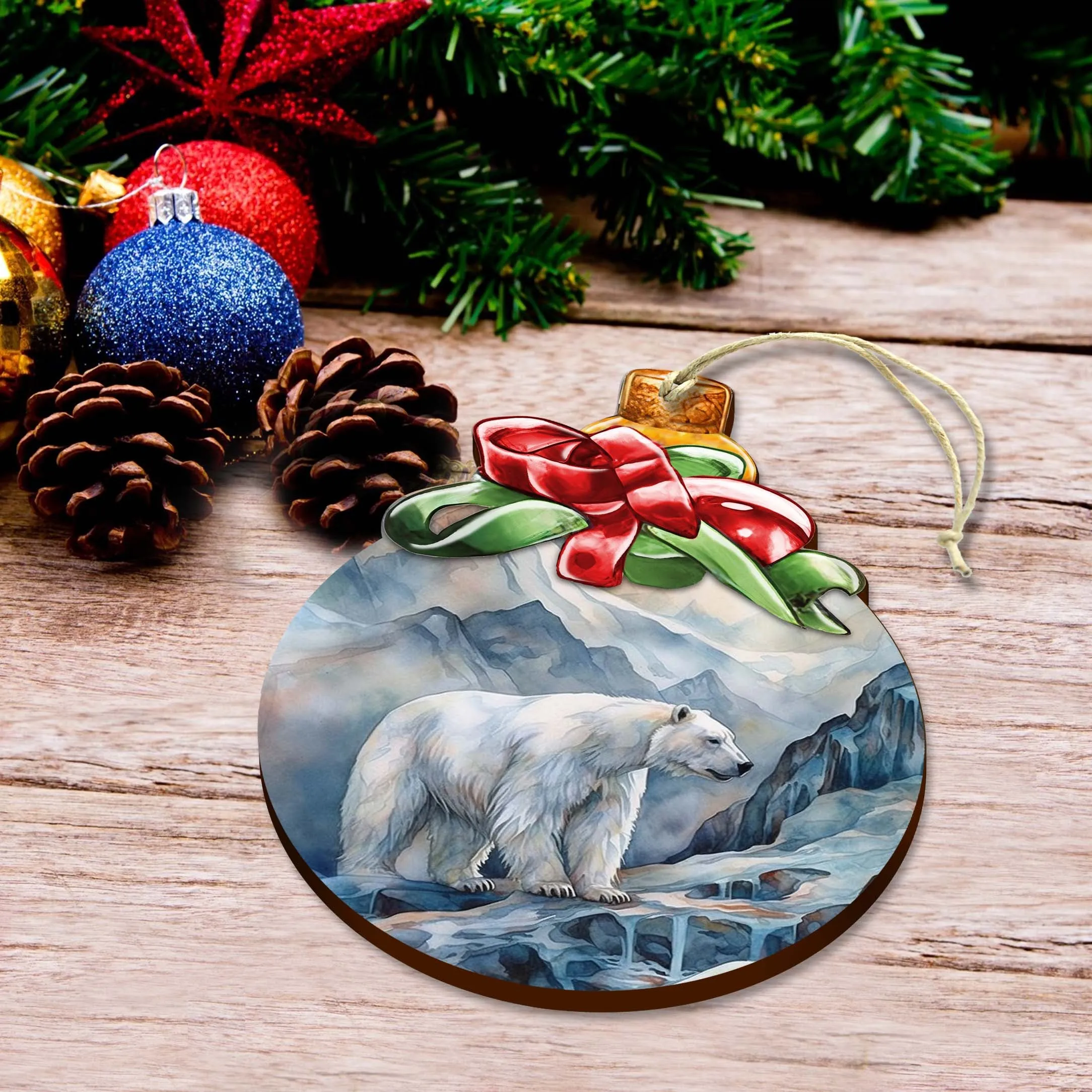 Arctic Frost Peak Polar Bear Wooden Ornaments by G.Debrekht - Wildlife Holiday Décor - 870020