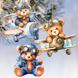 Aviator Teddy Bear Decorative Wooden Ornaments of 3 by G. Debrekht - Christmas Décor - 8090010-S3