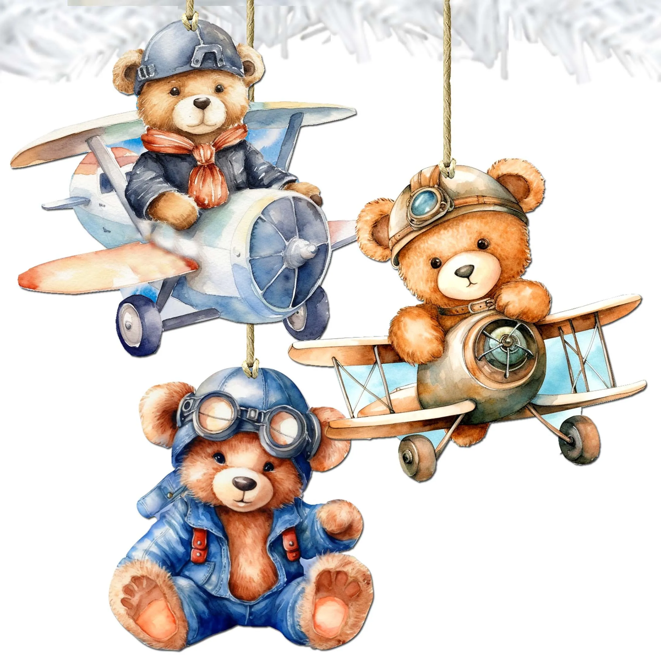 Aviator Teddy Bear Decorative Wooden Ornaments of 3 by G. Debrekht - Christmas Décor - 8090010-S3