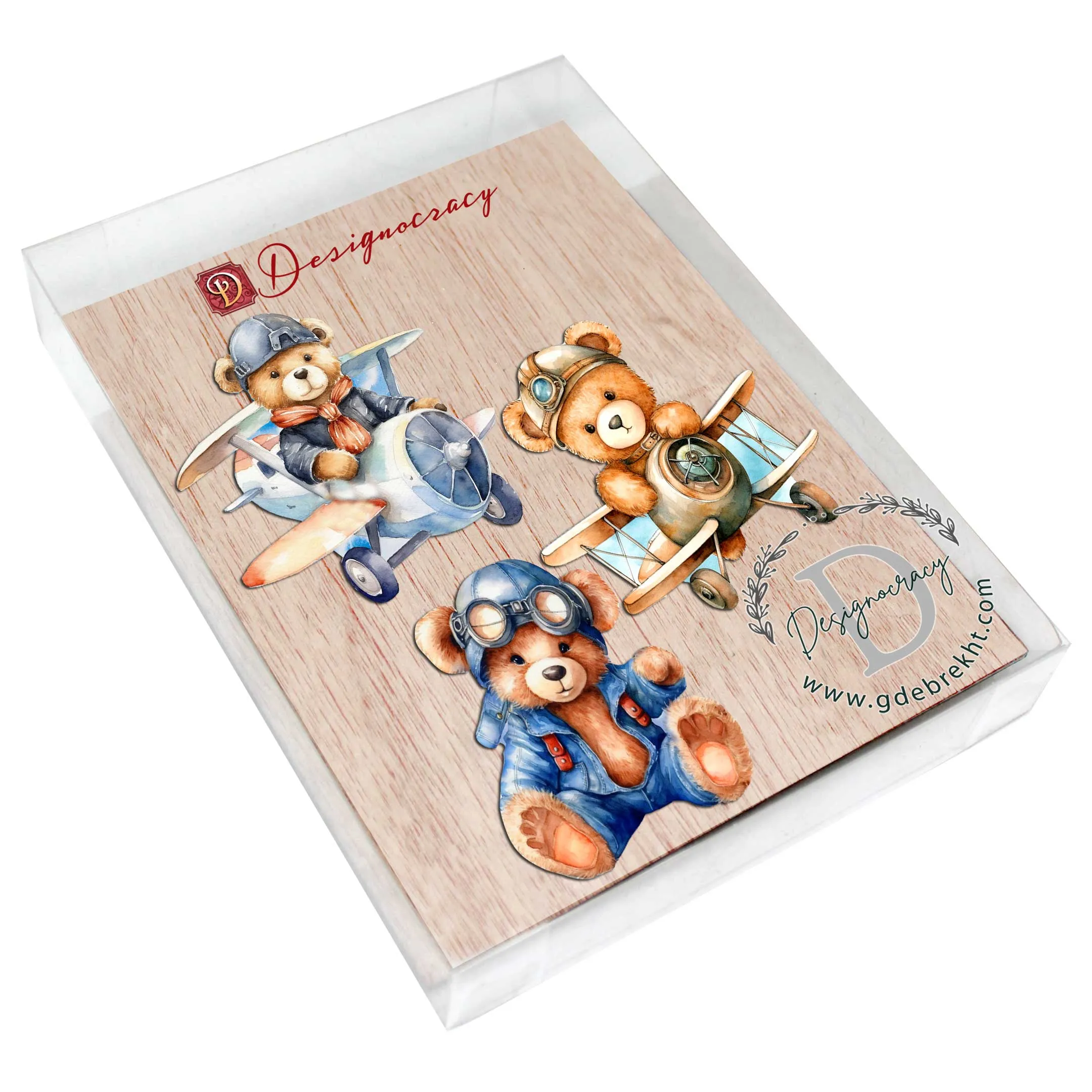 Aviator Teddy Bear Decorative Wooden Ornaments of 3 by G. Debrekht - Christmas Décor - 8090010-S3