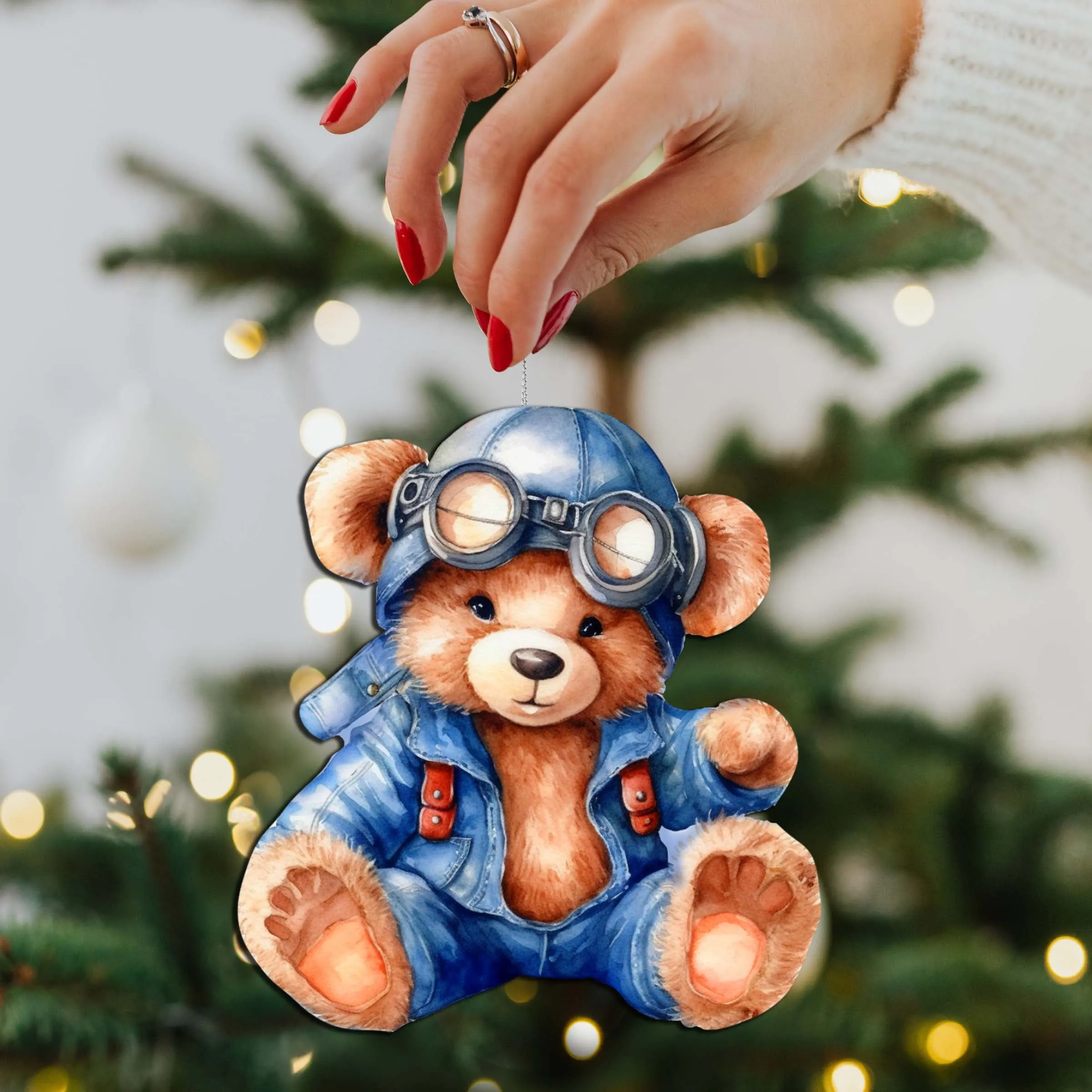 Aviator Teddy Bear Decorative Wooden Ornaments of 3 by G. Debrekht - Christmas Décor - 8090010-S3