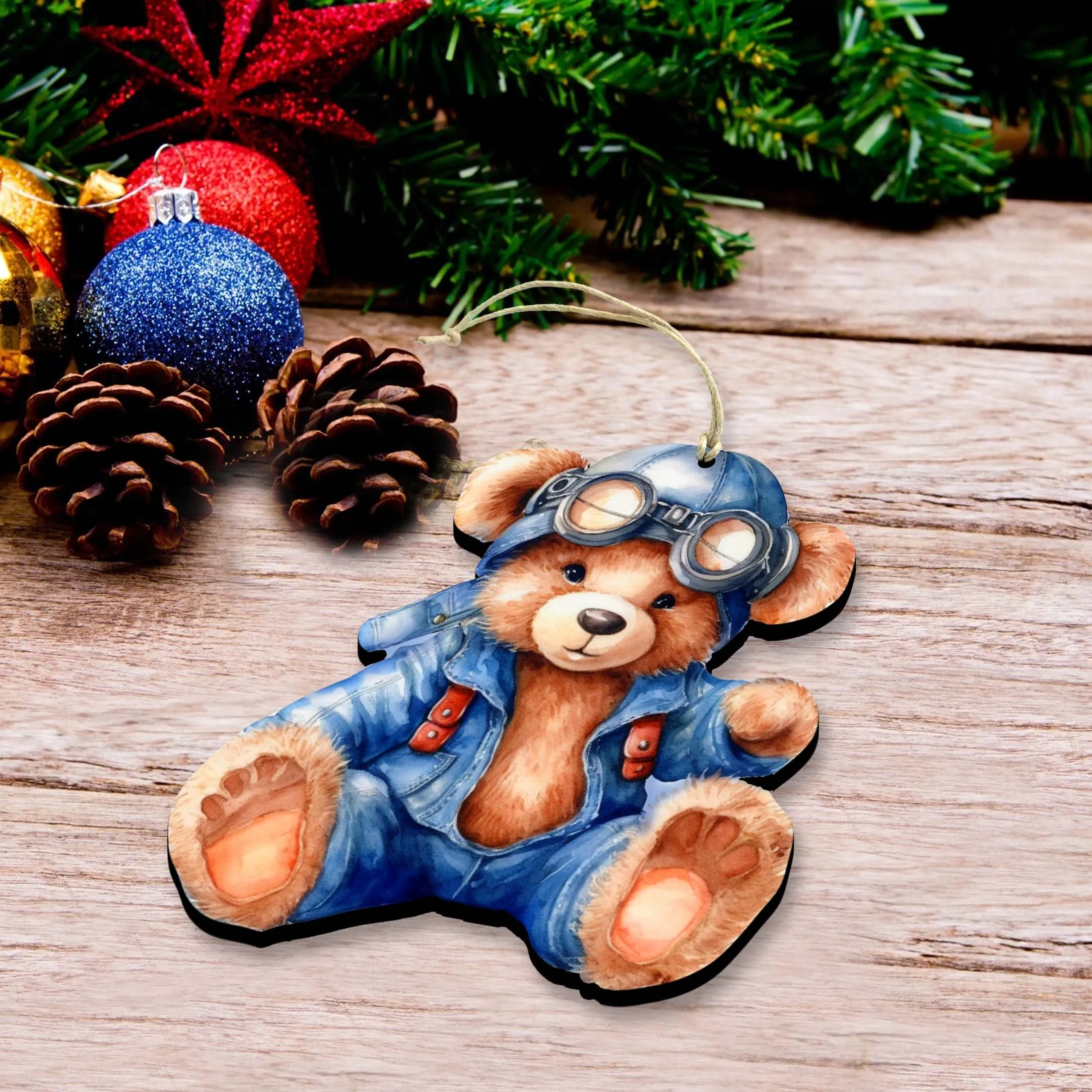 Aviator Teddy Bear Decorative Wooden Ornaments of 3 by G. Debrekht - Christmas Décor - 8090010-S3