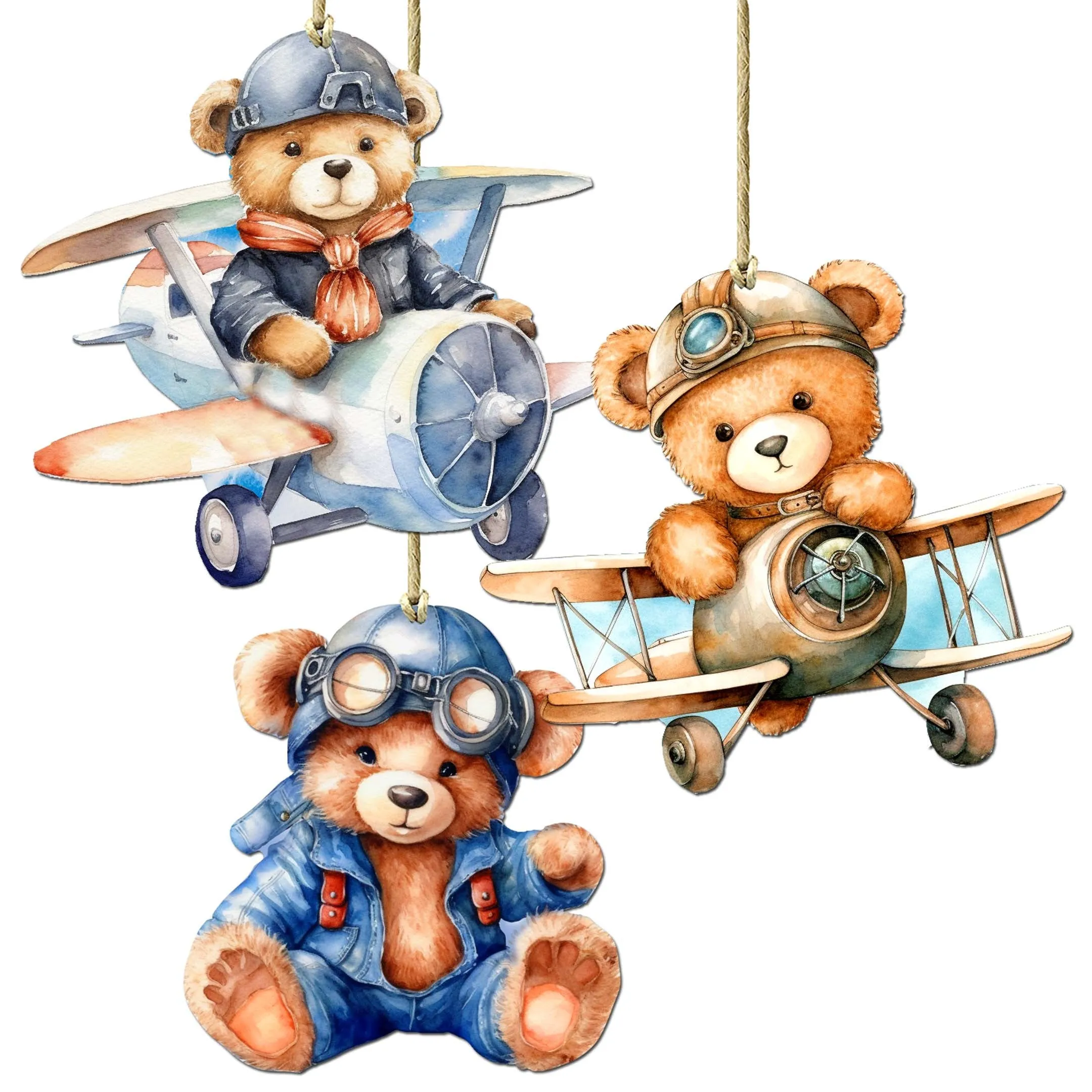 Aviator Teddy Bear Decorative Wooden Ornaments of 3 by G. Debrekht - Christmas Décor - 8090010-S3