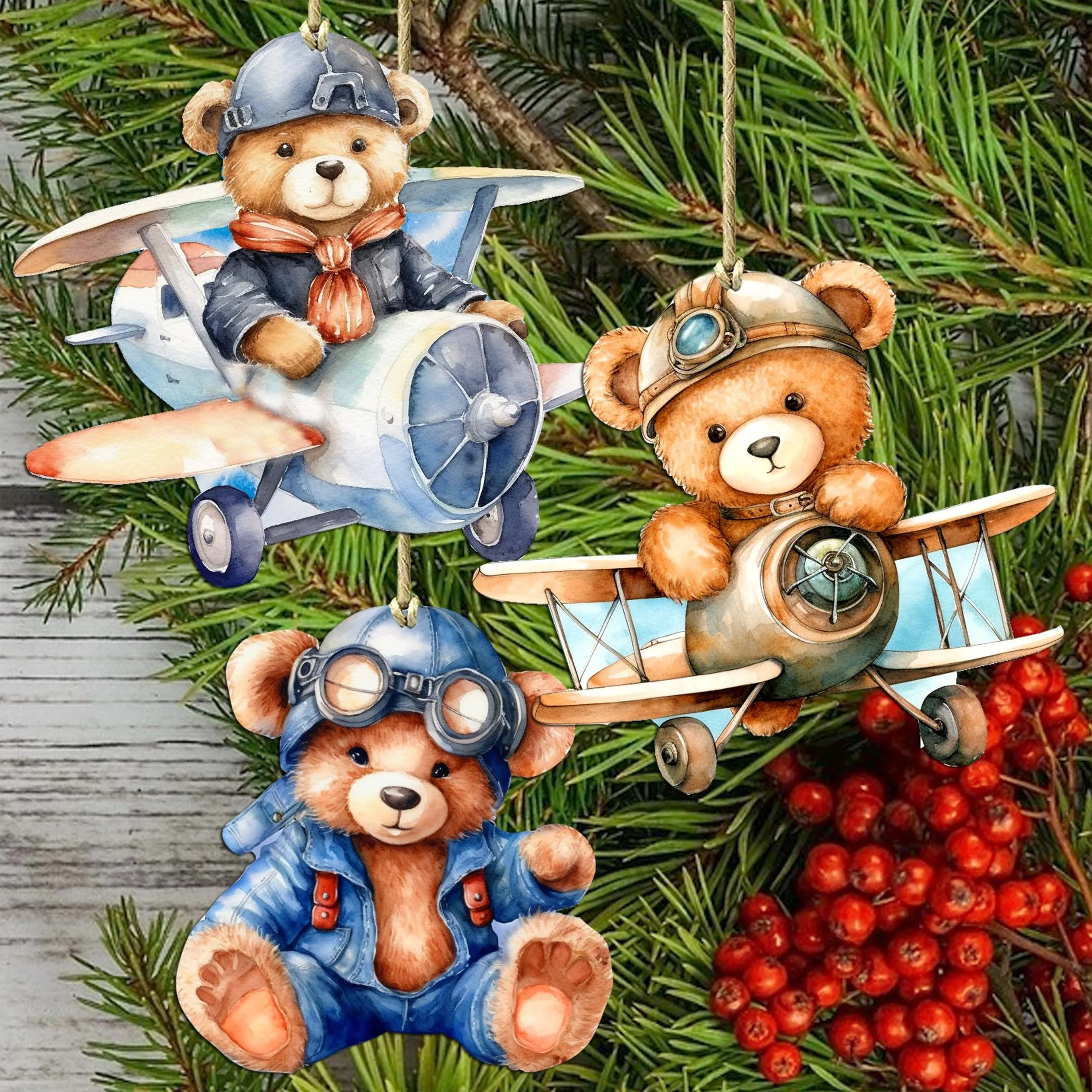 Aviator Teddy Bear Decorative Wooden Ornaments of 3 by G. Debrekht - Christmas Décor - 8090010-S3