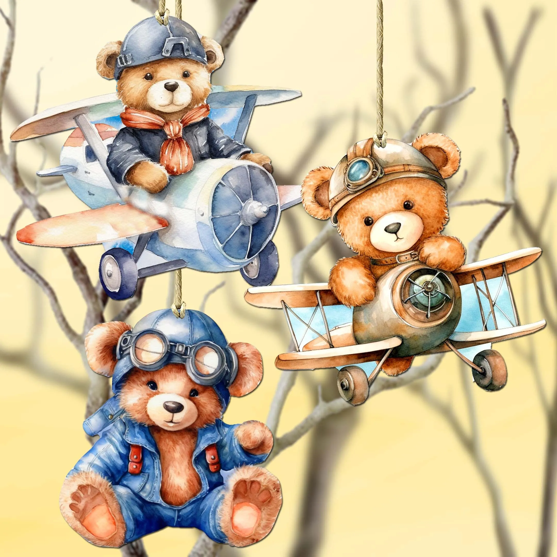 Aviator Teddy Bear Decorative Wooden Ornaments of 3 by G. Debrekht - Christmas Décor - 8090010-S3