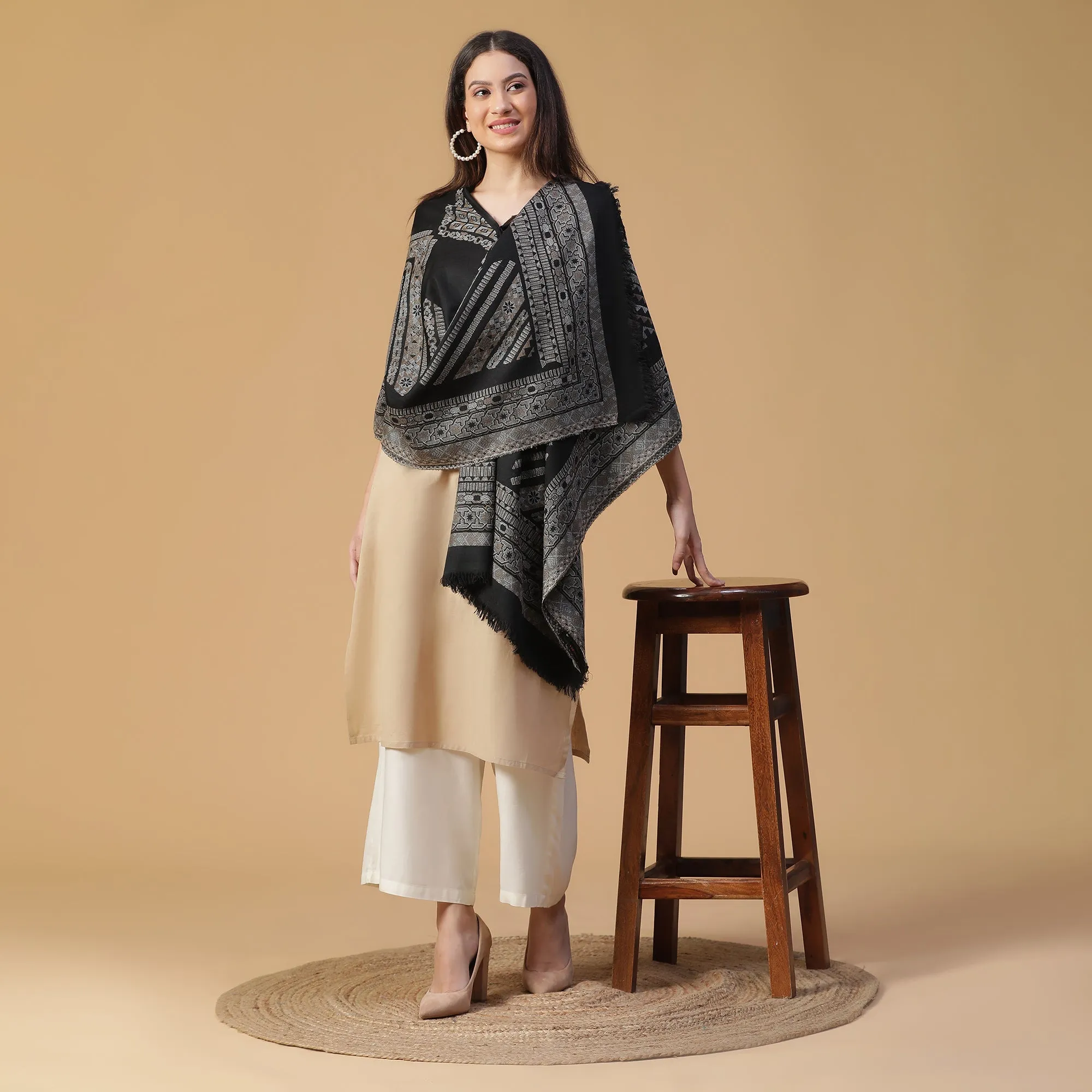 Black Abstract Wool Woven Design Shawl
