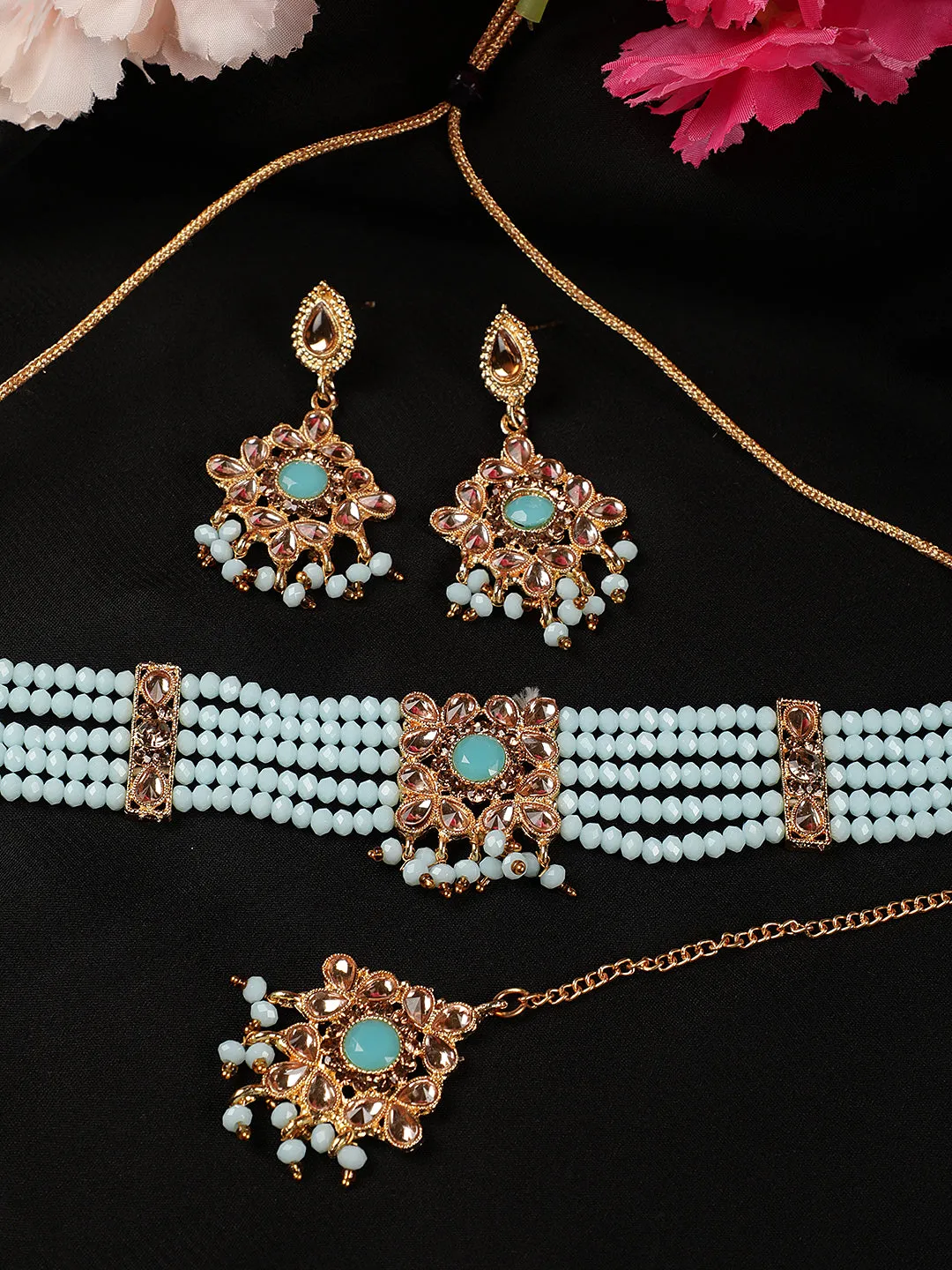 Blue Kundan Gold Plated Choker Set With Maangtika