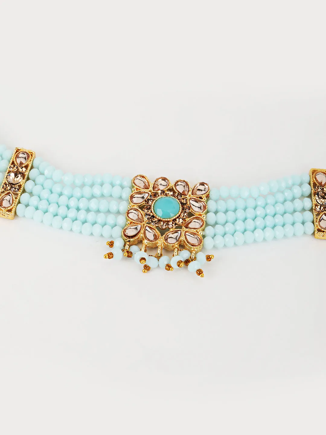 Blue Kundan Gold Plated Choker Set With Maangtika