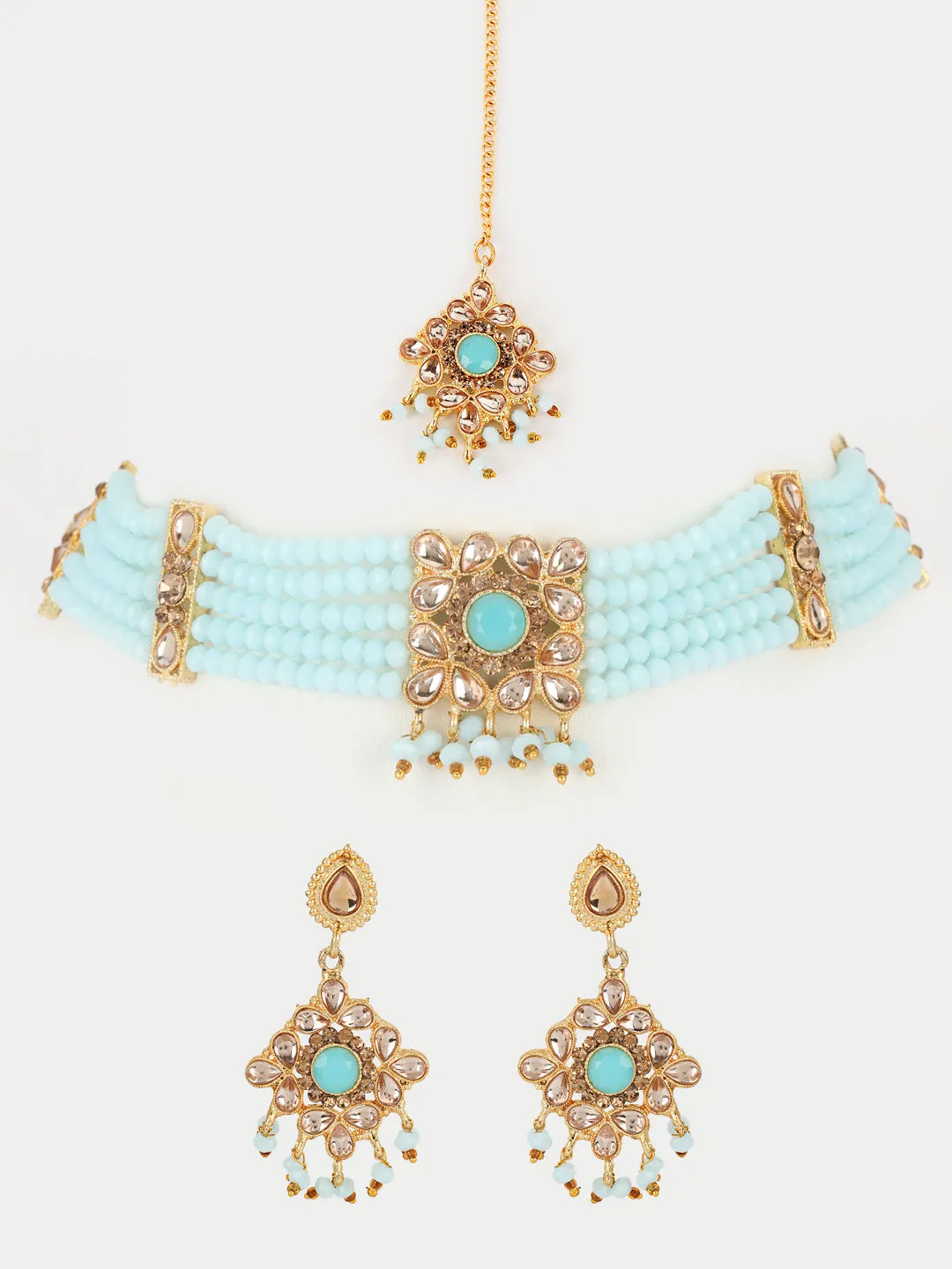 Blue Kundan Gold Plated Choker Set With Maangtika