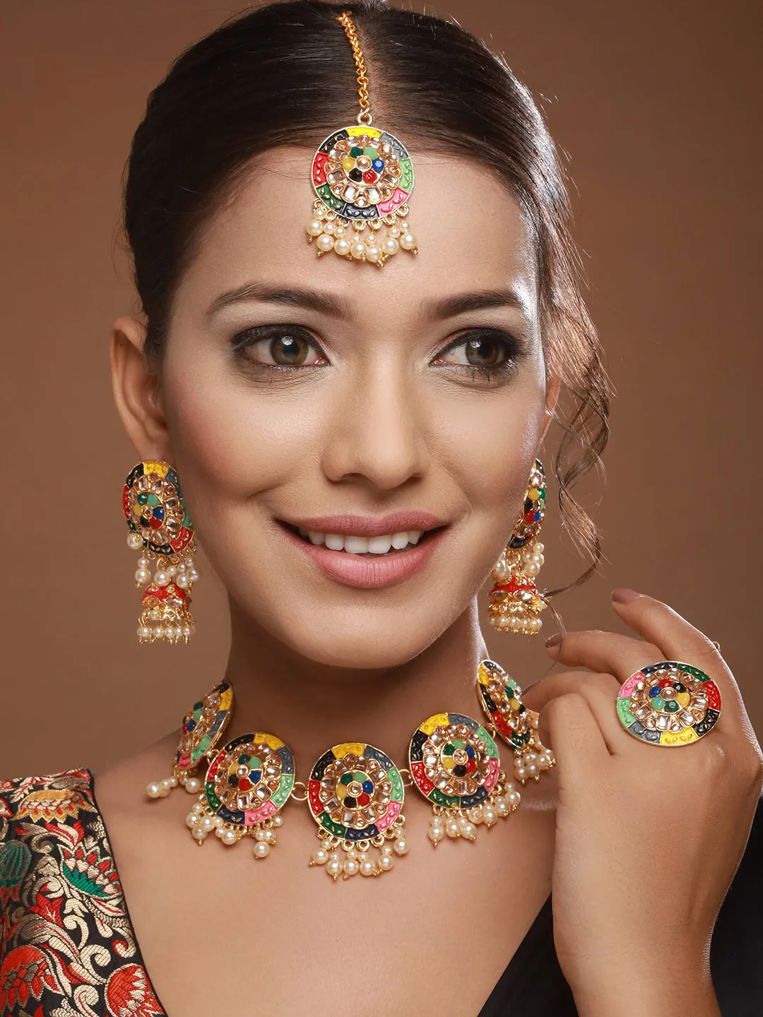 Gold-Plated Stoine-Studded & Beaded Jewellery Set