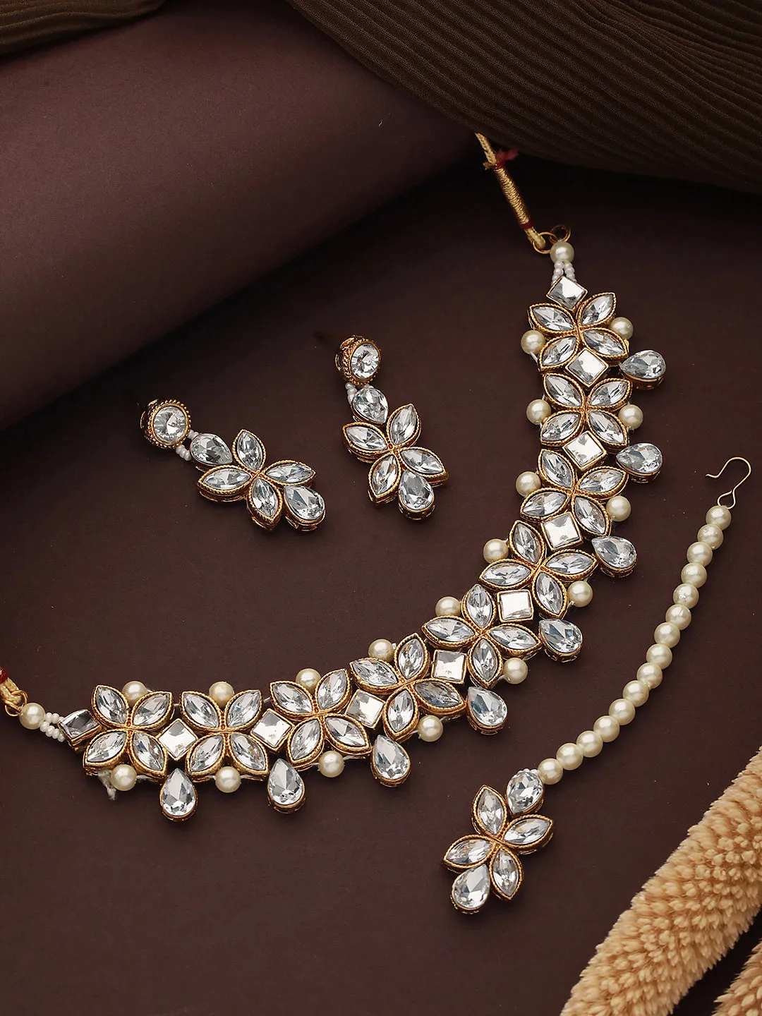 Gold-Plated Stone-Studded & Pearl Beaded Jewellery Set