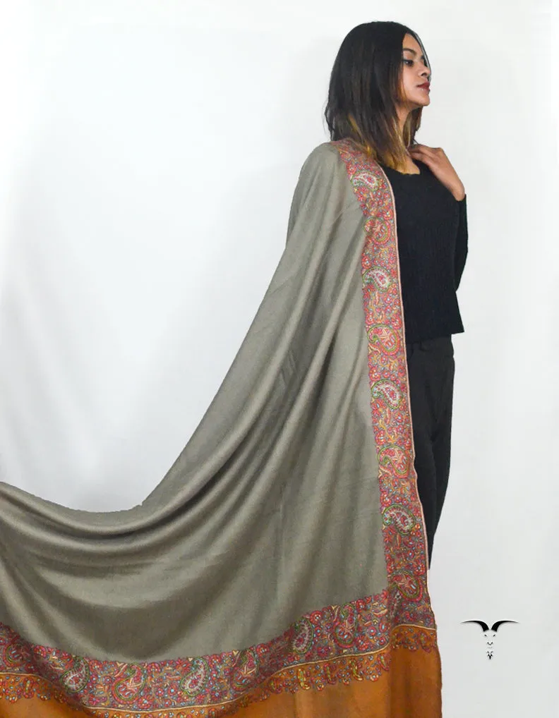 Grey & Macaroon Beige Pashmina Shawl With Sozni Borders 5661