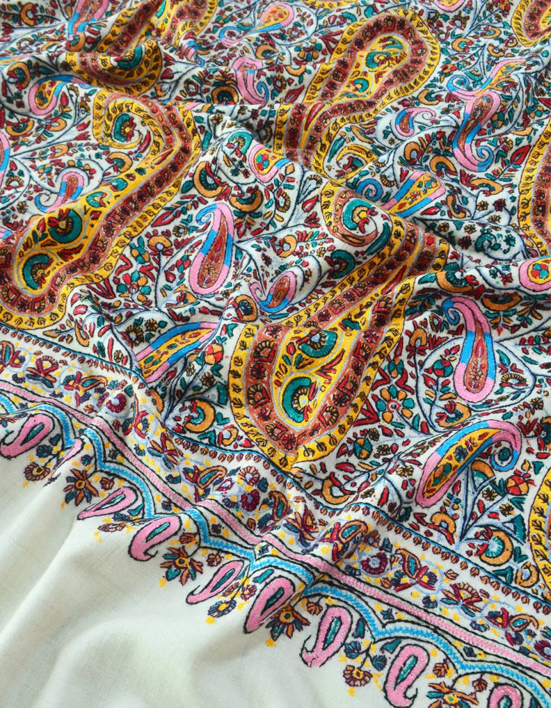 Hand Embroidered Pashmina Shawl White 5319