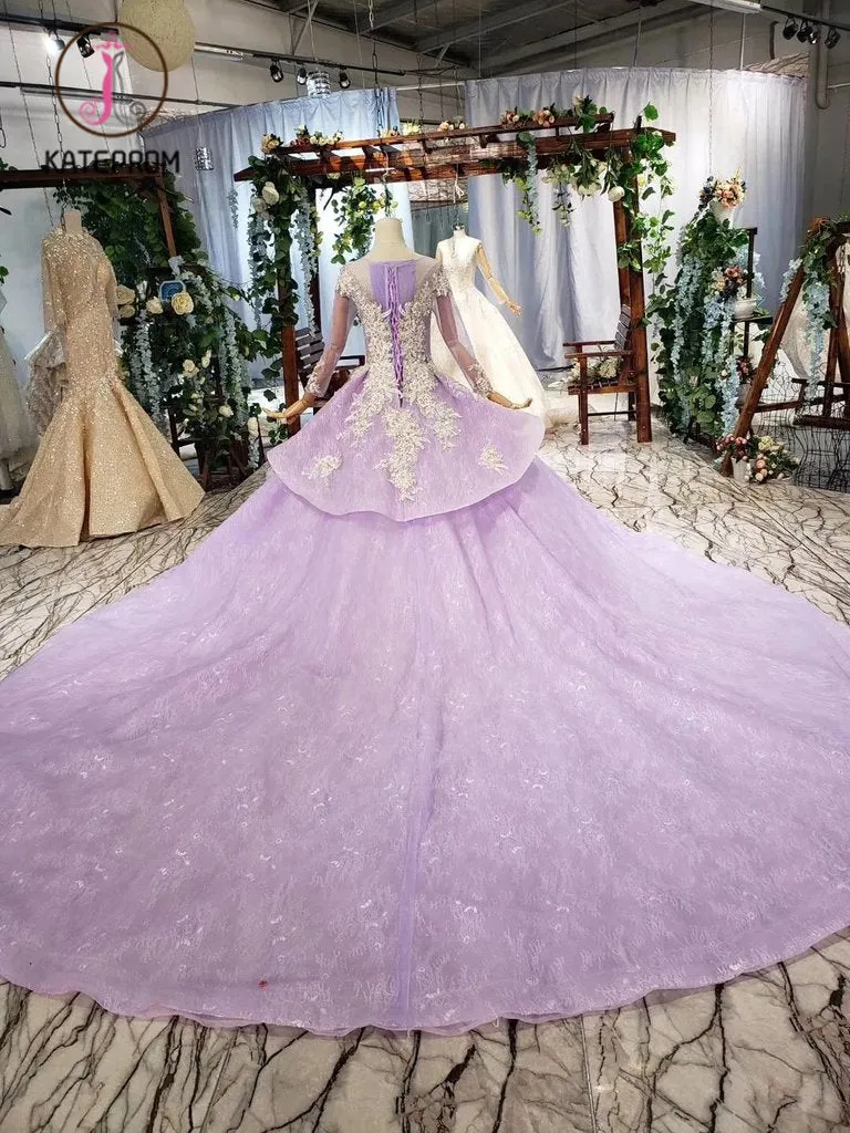 Kateprom Stunning Long Sleeve Ball Gown Appliques Beading Lilac Quinceanera Dress KPP0972