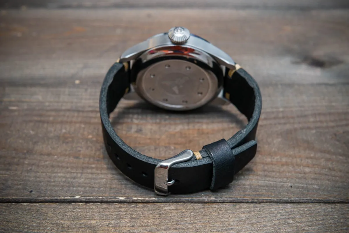 Leather watch strap 4 mm thick, Pilot model, Black Oily, handmade in Finland -