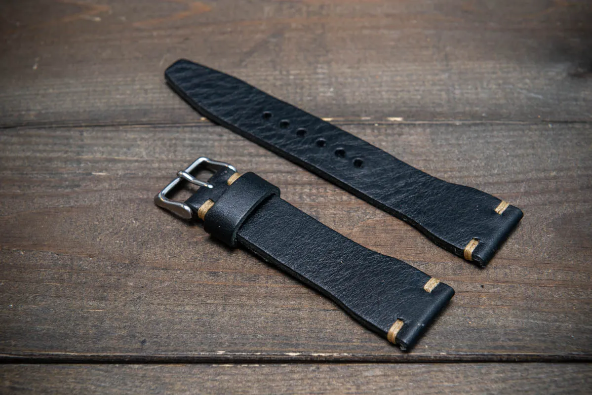 Leather watch strap 4 mm thick, Pilot model, Black Oily, handmade in Finland -