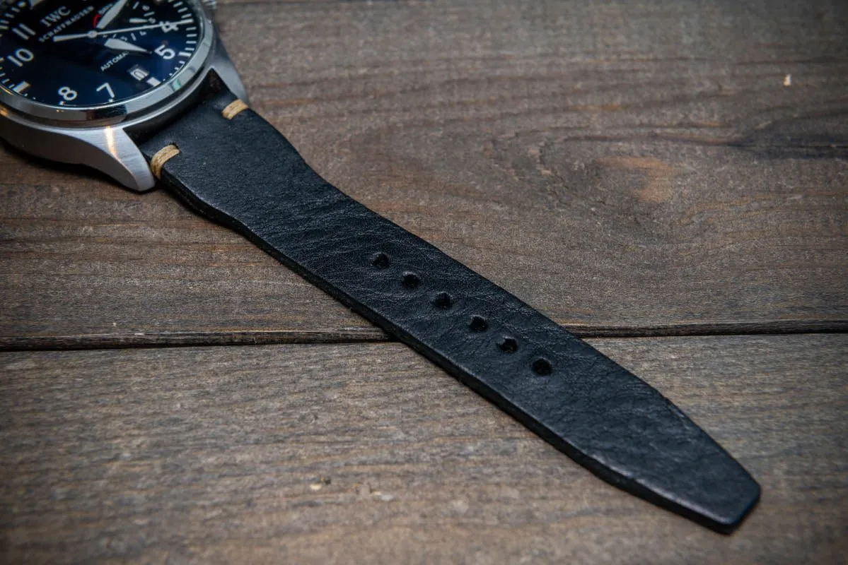 Leather watch strap 4 mm thick, Pilot model, Black Oily, handmade in Finland -