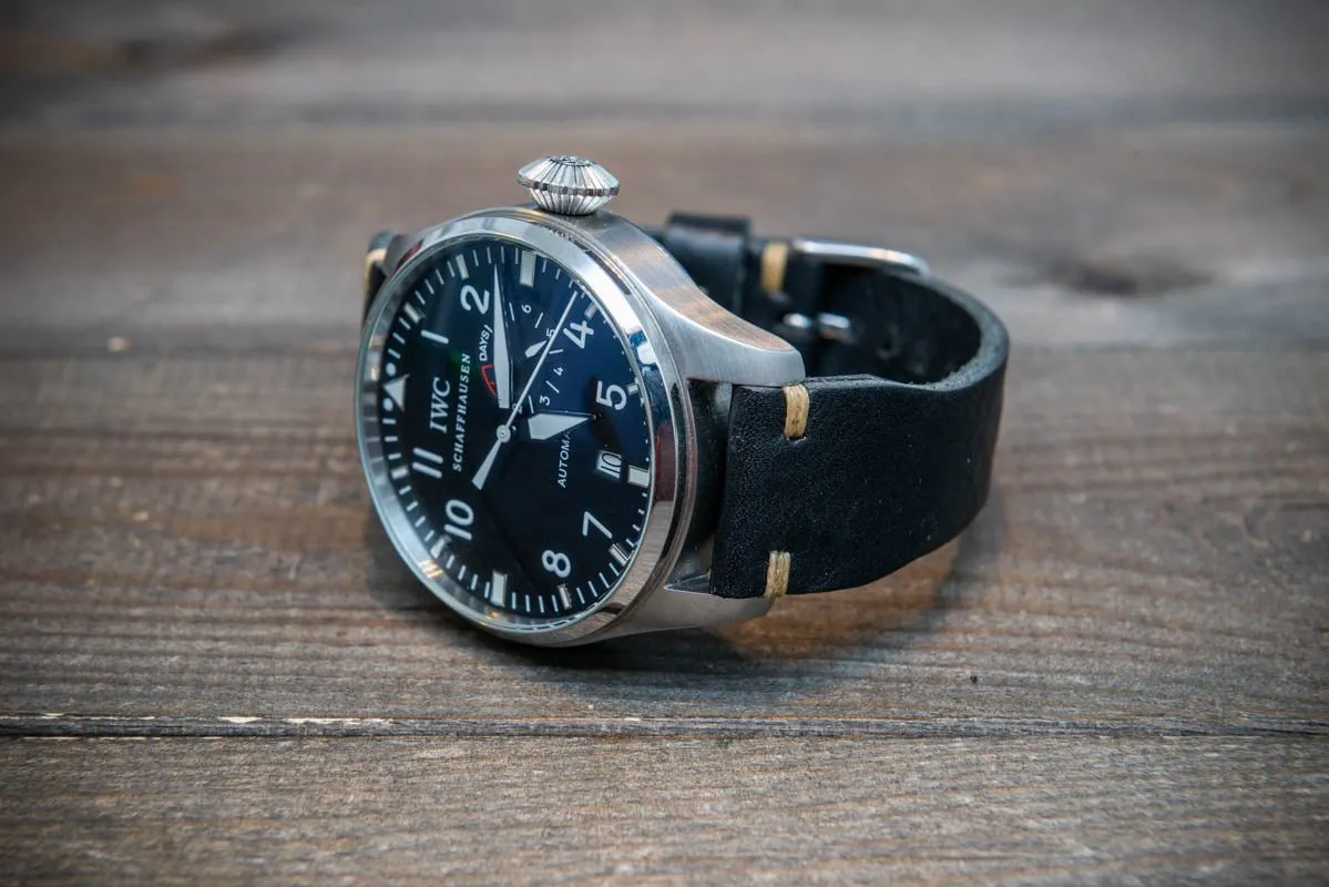 Leather watch strap 4 mm thick, Pilot model, Black Oily, handmade in Finland -