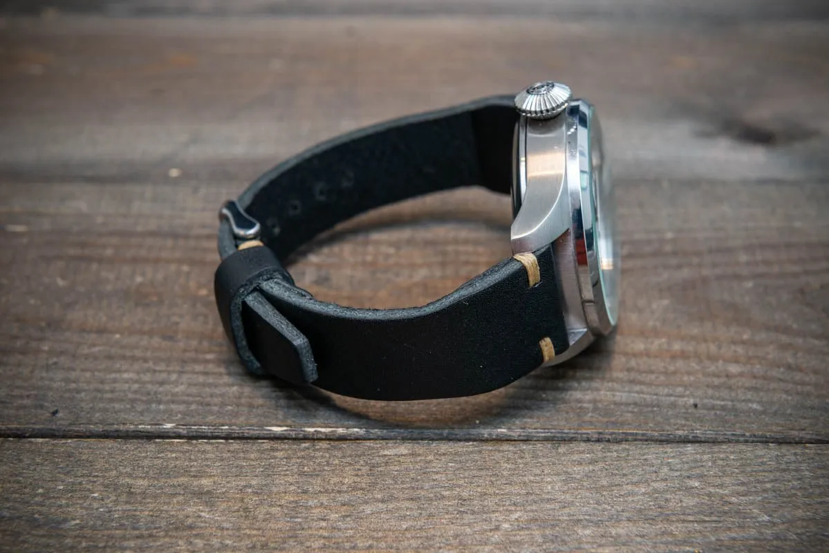 Leather watch strap 4 mm thick, Pilot model, Black Oily, handmade in Finland -