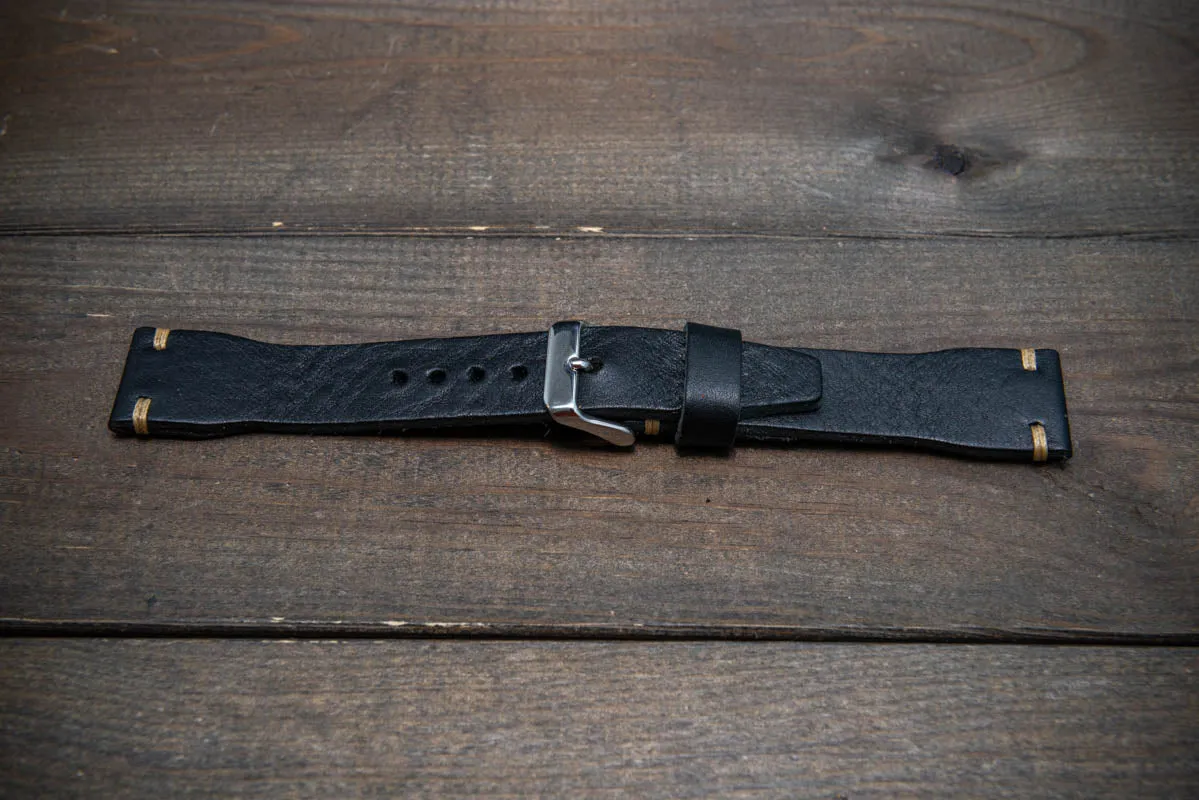 Leather watch strap 4 mm thick, Pilot model, Black Oily, handmade in Finland -