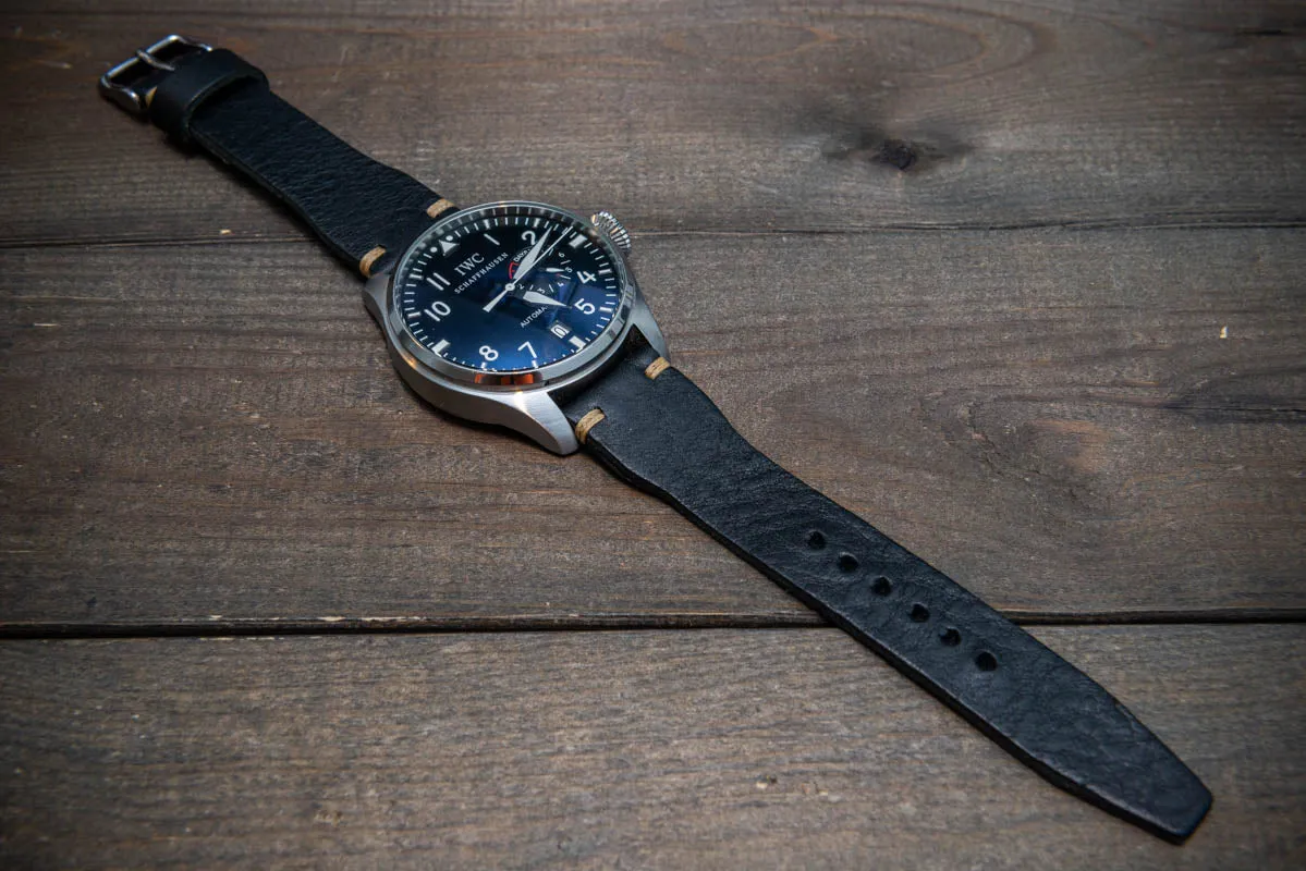 Leather watch strap 4 mm thick, Pilot model, Black Oily, handmade in Finland -
