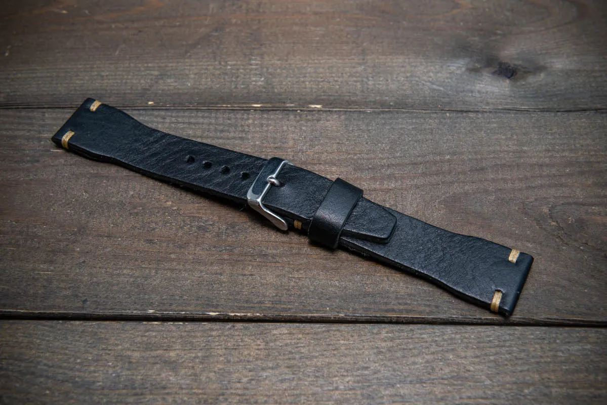 Leather watch strap 4 mm thick, Pilot model, Black Oily, handmade in Finland -
