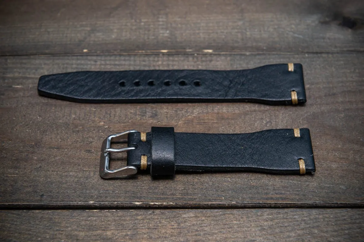 Leather watch strap 4 mm thick, Pilot model, Black Oily, handmade in Finland -