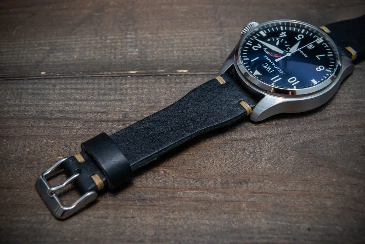 Leather watch strap 4 mm thick, Pilot model, Black Oily, handmade in Finland -