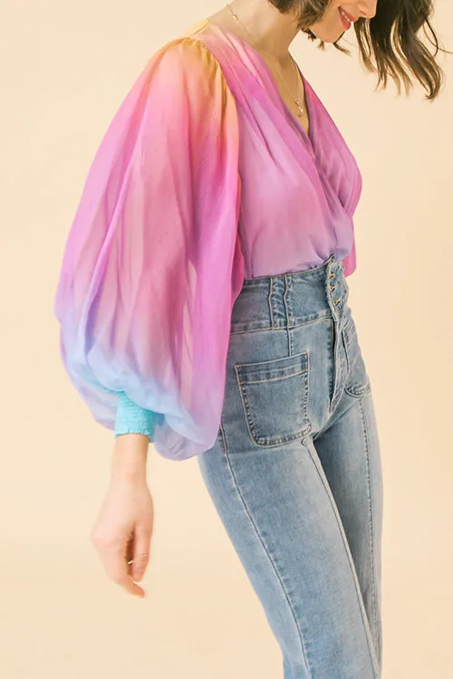 Ombre Rainbow Balloon Sleeve Blouse