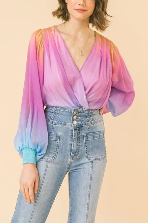 Ombre Rainbow Balloon Sleeve Blouse