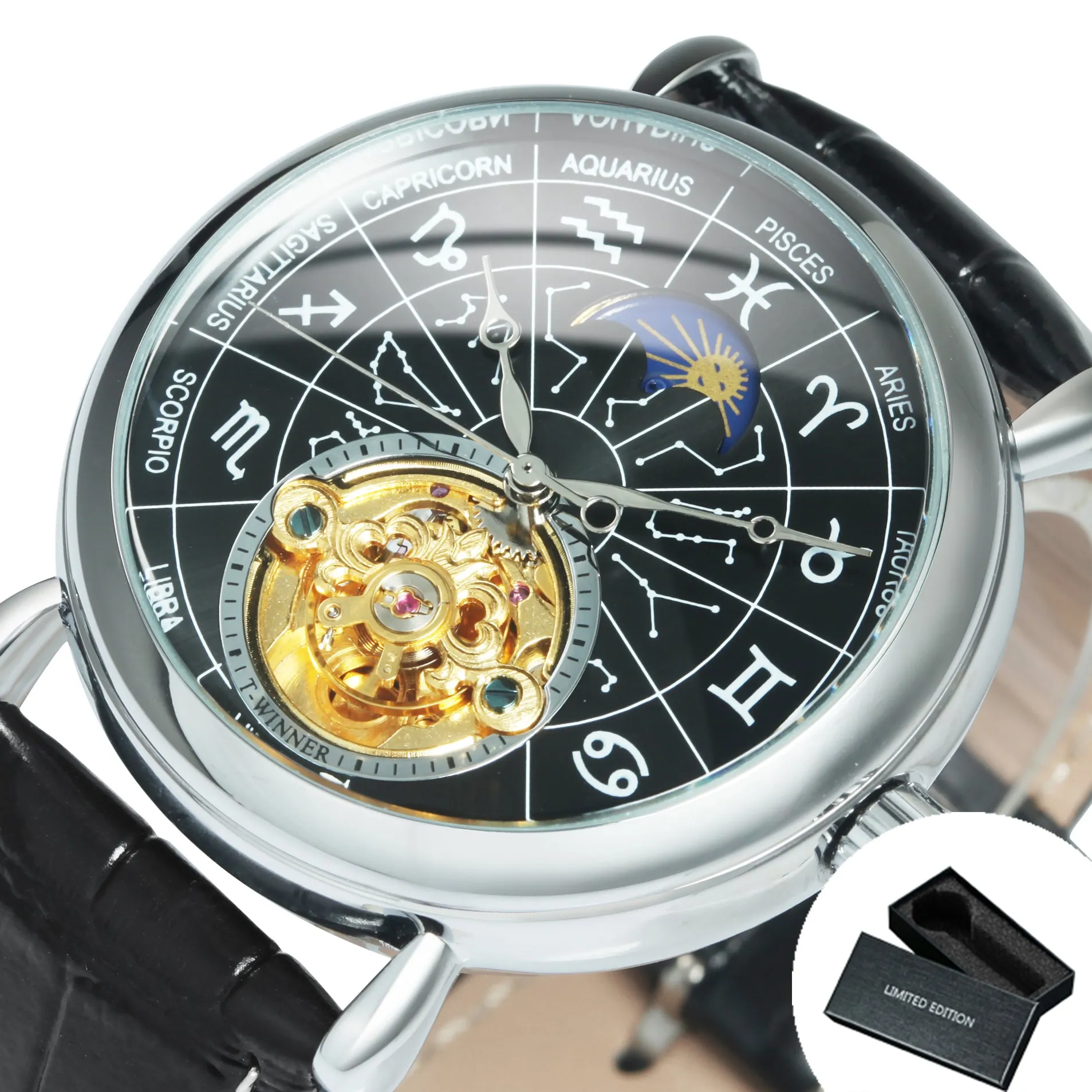 WINNER 12 Zodiac Constellations Astronomical Fashion Automatic Mechanical Watches Luxury Tourbillon Skeleton Business Watch for Men Casual Genuine Leather Belt