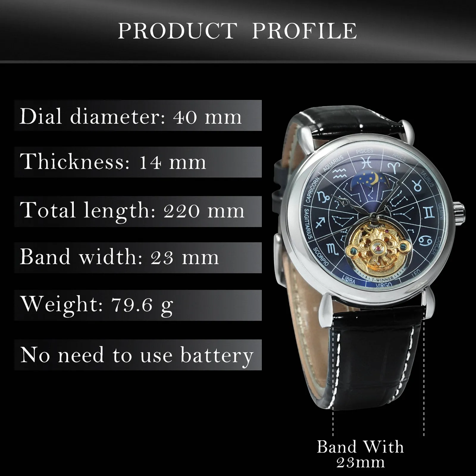 WINNER 12 Zodiac Constellations Astronomical Fashion Automatic Mechanical Watches Luxury Tourbillon Skeleton Business Watch for Men Casual Genuine Leather Belt